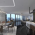 Elegant Modern Living Dining Room Interior With Sofa Dining Table Decorative Painting And Round Rug