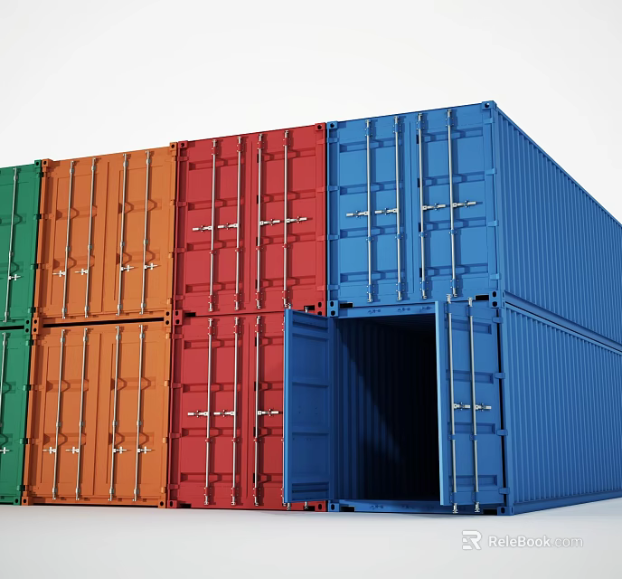 Colorful Stacked Shipping Containers as Industrial Equipment with Open Door for Logistics Storage 3d model 