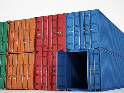 Colorful Stacked Shipping Containers as Industrial Equipment with Open Door for Logistics Storage 3d model