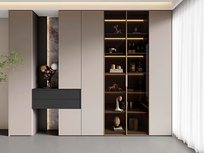 Modern Wine Cabinet With Glass Doors And Layered Shelves For Wine Bottles And Decorative Items 3d model