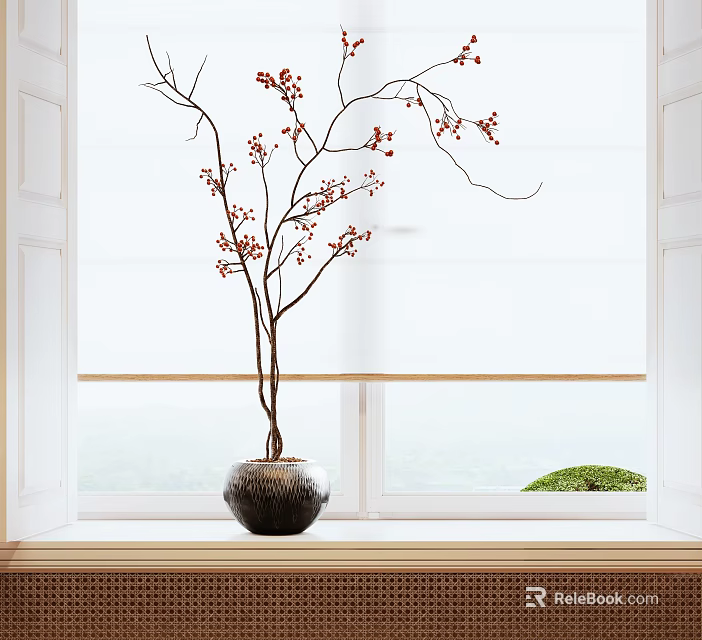 Bonsai Plant In Black Vase With Red Berries On Windowsill By White Window With Blinds 3d model 