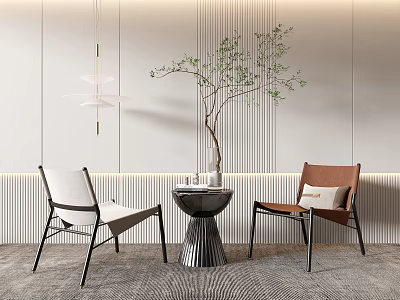 Modern White And Brown Chairs With Round Accent Table Potted Plant Against Striped Wall 3d model