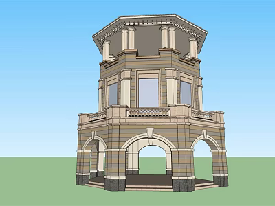 Classical Tower Architectural Model With Arched Doors Balcony And Decorative Columns 3d model