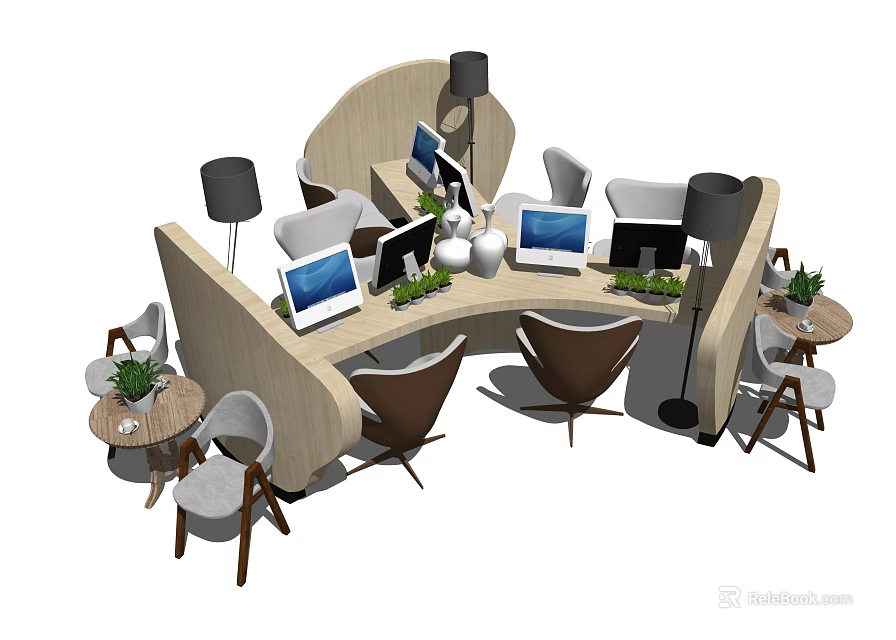 Modern Curved Office Desk With Multiple Laptops Table Lamps Potted Plants And Chairs 3d model 