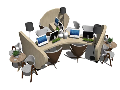 Modern Curved Office Desk With Multiple Laptops Table Lamps Potted Plants And Chairs 3d model