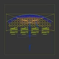 Modern Conference Hall With Purple Screen Black Seats Blue Aisle And Arched Lights