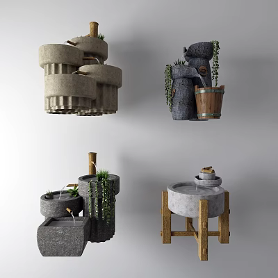 Shower Sauna Stone Fixtures With Wooden Frame Green Plants And Sauna Bucket 3d model