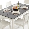 Modern Dining Table Set With White Chairs Tableware Peaches And Wine Glasses 3d model