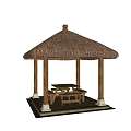Outdoor Thatch Roof Gazebo With Wooden Bench Table And Pillars Platform