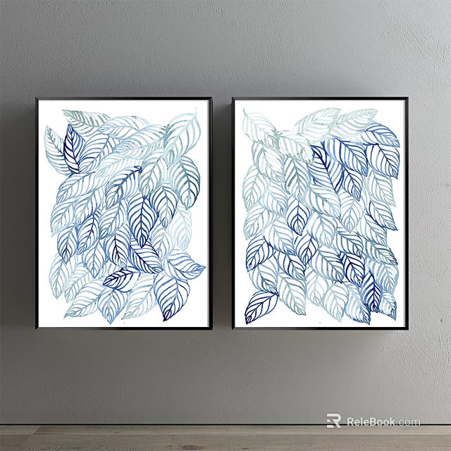 Two Botanical Prints With Blue And White Leaf Patterns In Black Frames On Gray Wall 3d model 