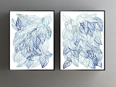 Two Botanical Prints With Blue And White Leaf Patterns In Black Frames On Gray Wall 3d model