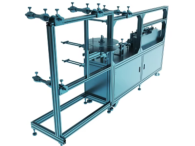 Blue Industrial Machinery With Metal Frame And Mechanical Arms On Wheels 3d model