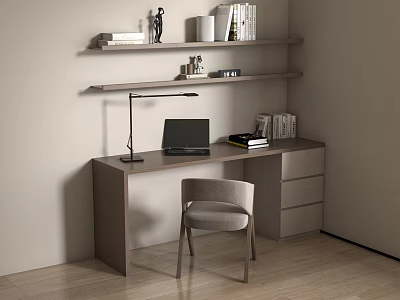 Modern Home Office Desk With Laptop Desk Lamp Chair Floating Shelves And Books 3d model