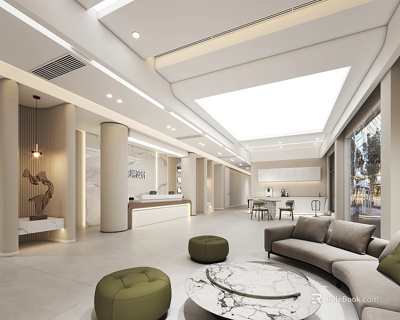 Modern Reception Desk Lobby Area With Sofa Round Marble Coffee Table And Green Plants 3d model 