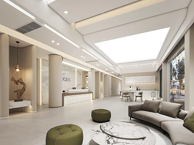 Modern Reception Desk Lobby Area With Sofa Round Marble Coffee Table And Green Plants 3d model