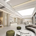 Modern Reception Desk Lobby Area With Sofa Round Marble Coffee Table And Green Plants