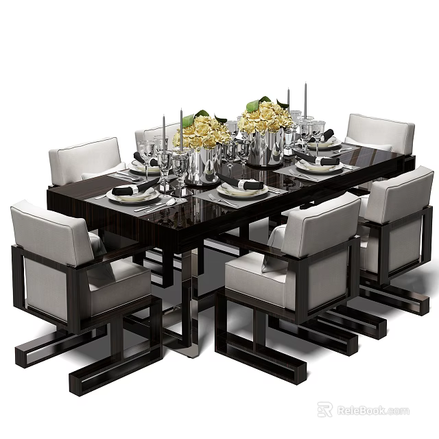 Elegant Dining Table Set With White Chairs Yellow Flowers Dinnerware And Candles 3d model