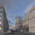 Historic Commercial Street Featuring Classic Buildings Union Jack Flag Green Lawn And Pedestrians