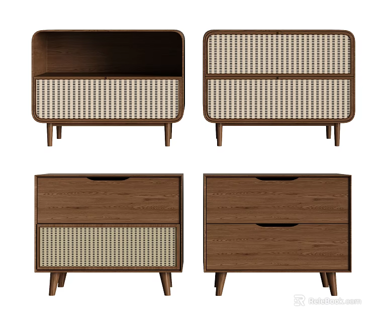 Modern Wooden Nightstand With Rattan Panels Drawers And Minimalist Design Structure 3d model 