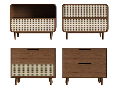 Modern Wooden Nightstand With Rattan Panels Drawers And Minimalist Design Structure 3d model