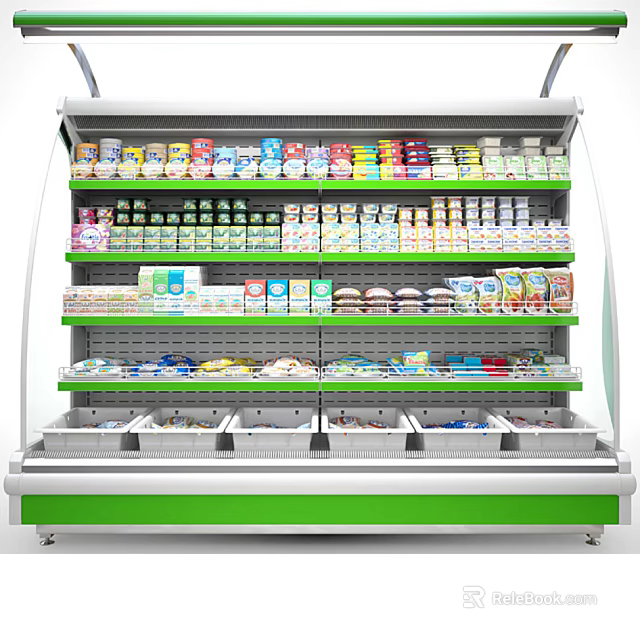 Commercial Display Freezer with Organized Shelves Holding Dairy Products Beverages and Frozen Foods 3d model 