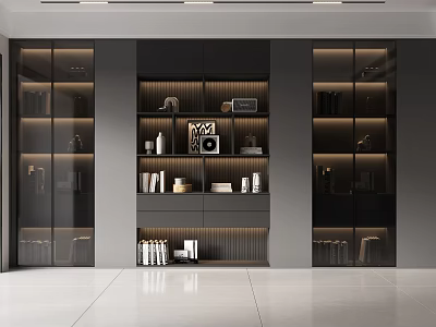 Modern Bookcase With Dark Design Glass Door Cabinets Layered Shelves Decorative Items And Books Interior 3d model