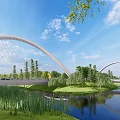 Scenic Arch Bridges With River Grassland Trees And Blue Sky Reflection 3d model