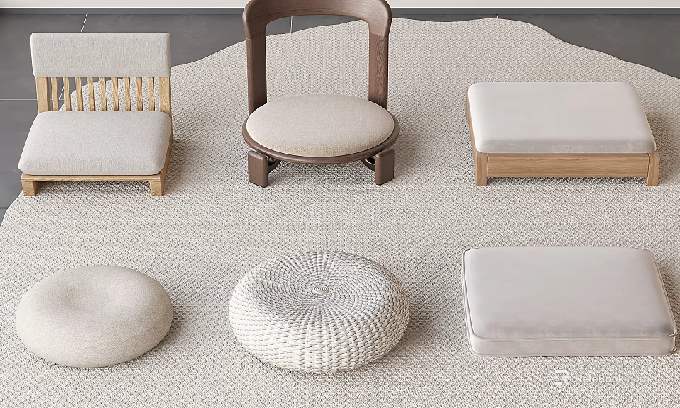 Modern Minimalist Stools with Wooden Frames and Fabric Seats in Neutral Tones 3d model 