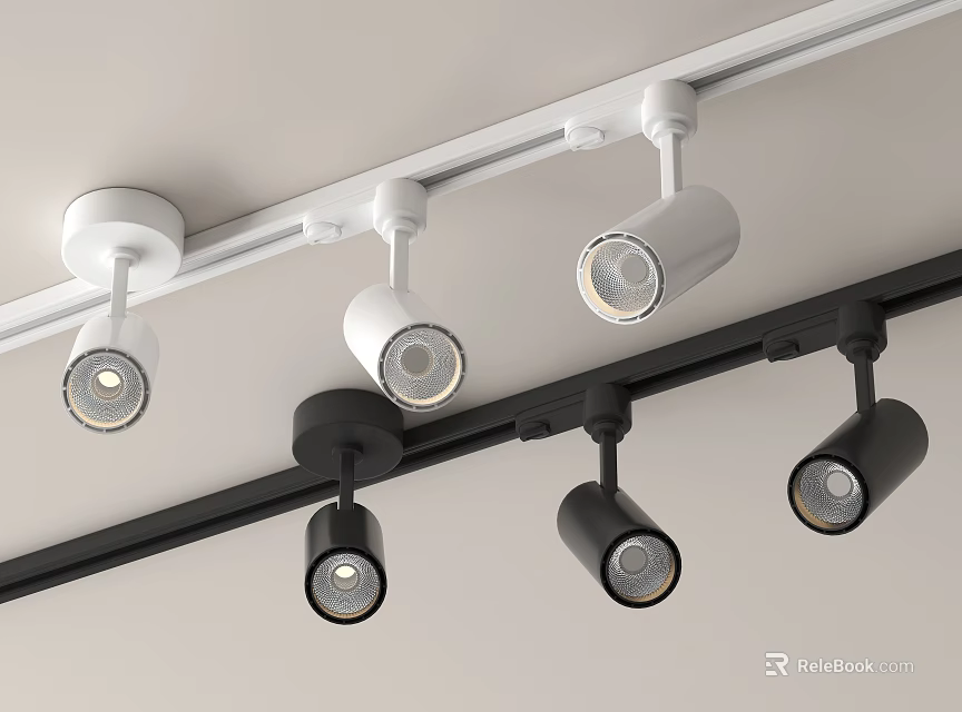 Adjustable White And Black Track Mounted Downlights And Spotlights For Ceiling Lighting 3d model 
