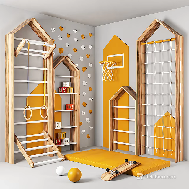 Kids Indoor Play Equipment with Wooden Climbing Frame Basketball Hoop Rope Ladder Safe Fun Playroom 3d model 