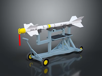 JAGUAR Missile With Yellow Nose White Body And Tail Fins On Blue Wheeled Stand 3d model