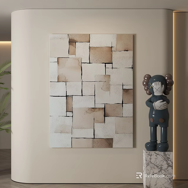 Abstract Geometric Collage Painting With Brown White Squares And Gray Decorative Doll 3d model 