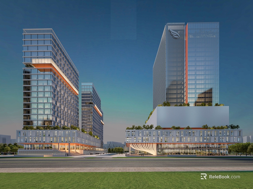 Evening View Of Modern High rise Buildings With Glass Facade And Urban Plaza 3d model 