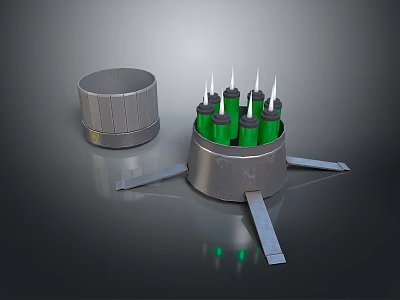 Tactical Weapon System With Green Cylindrical Ammunition Round Container And Metal Stands 3d model
