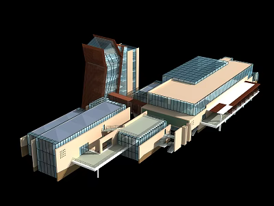 Modern Architectural Structure Featuring Glass Facade Unique Tower And Connected Sections Design 3d model