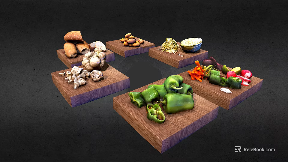 Various Fresh Ingredients Including Mushrooms Nuts And Vegetables On Wooden Trays 3d model 