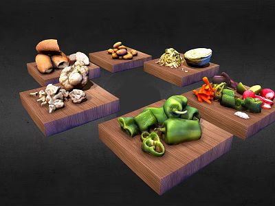 Various Fresh Ingredients Including Mushrooms Nuts And Vegetables On Wooden Trays 3d model