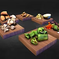 Various Fresh Ingredients Including Mushrooms Nuts And Vegetables On Wooden Trays