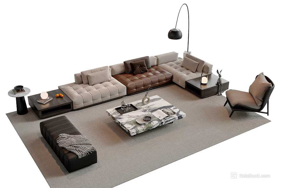 Modern Beige Brown Fabric Sofa and Marble Coffee Table Set with Floor Lamp 3d model 