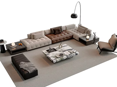 Modern Beige Brown Fabric Sofa and Marble Coffee Table Set with Floor Lamp 3d model