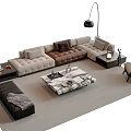 Modern Beige Brown Fabric Sofa and Marble Coffee Table Set with Floor Lamp
