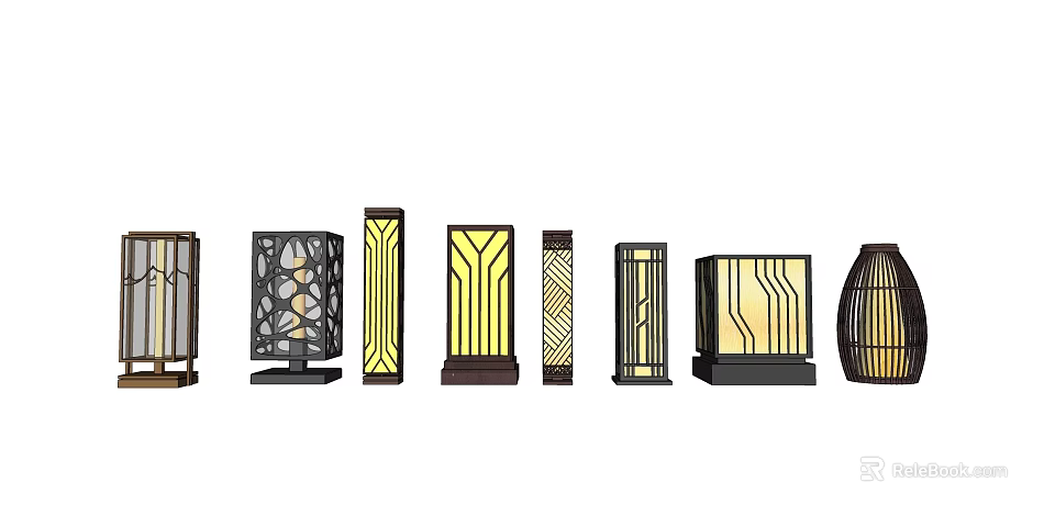 Stylish Outdoor Lights With Black Frames Yellow Illumination And Artistic Geometric Patterns 3d model 