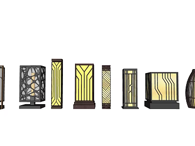 Stylish Outdoor Lights With Black Frames Yellow Illumination And Artistic Geometric Patterns 3d model