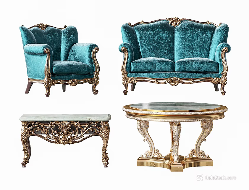 Luxurious Turquoise Velvet Sofa Set With Gold Carved Accents And Marble Coffee Tables 3d model 