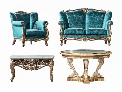 Luxurious Turquoise Velvet Sofa Set With Gold Carved Accents And Marble Coffee Tables 3d model
