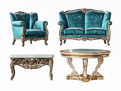 Luxurious Turquoise Velvet Sofa Set With Gold Carved Accents And Marble Coffee Tables 3d model