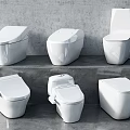 Modern White Toilets with Various Designs on Concrete Display Platform 3d model