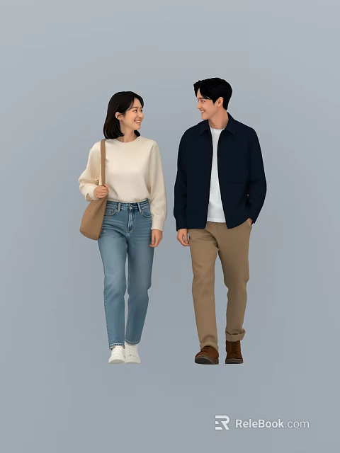 Two People In Casual Outfits Walking With Cream Sweater Blue Jeans And Dark Blue Jacket 3d model 