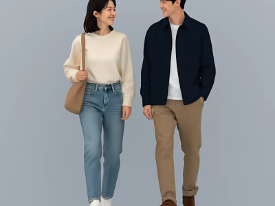 Two People In Casual Outfits Walking With Cream Sweater Blue Jeans And Dark Blue Jacket 3d model
