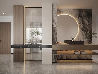 Modern Entryway Hall Interior Design With Marble Accent Wall Backlit Round Mirror And Wooden Console 3d model